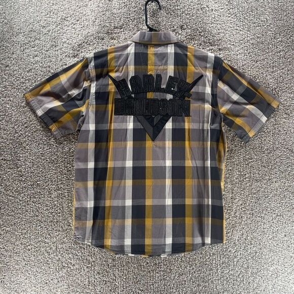 Harley Davidson Shirt Adult Medium Grey Yellow Plaid Dutton Up Casual Mens Patch - Picture 11 of 13